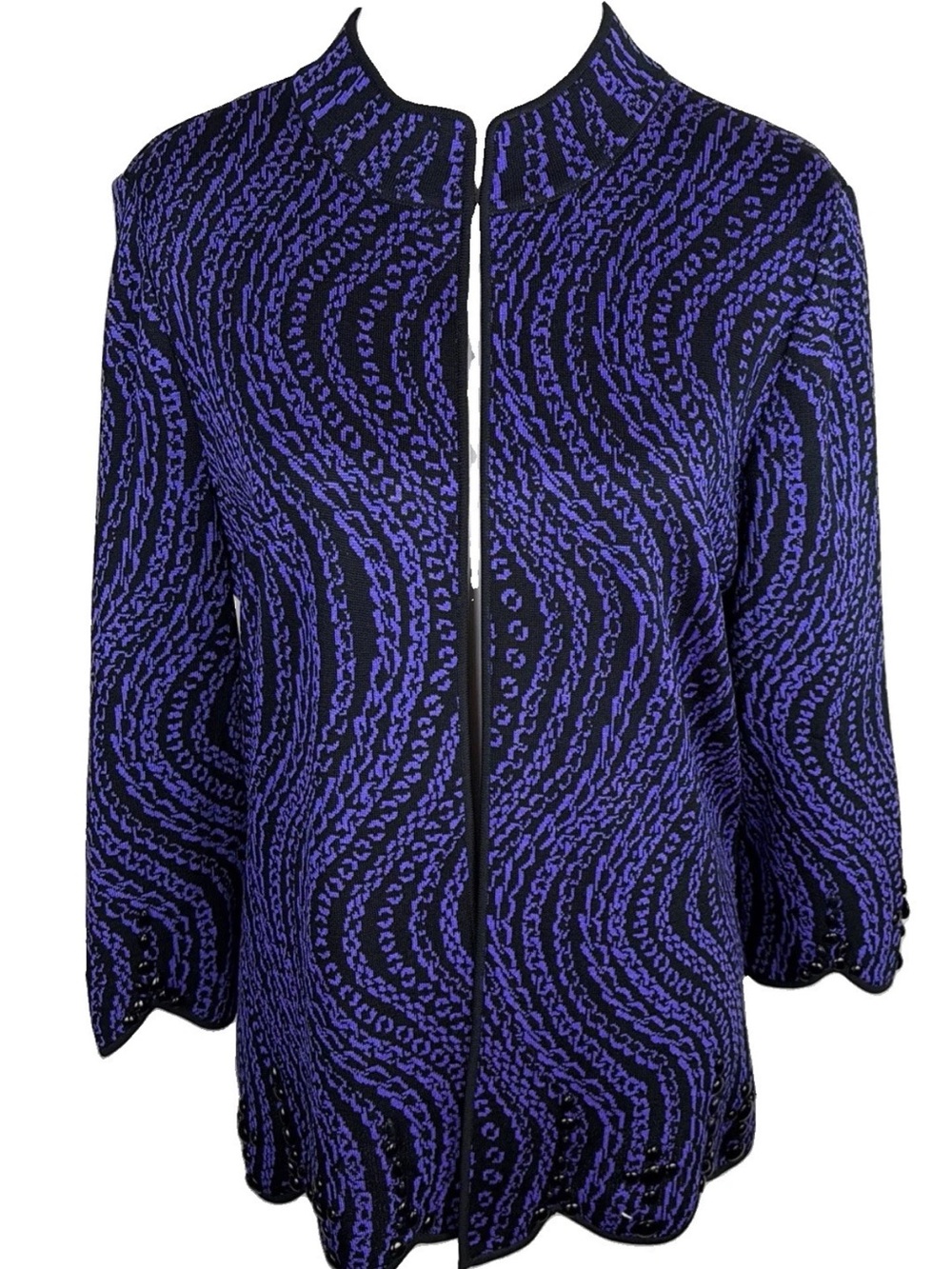 MING WANG Sz L purple& black knit beaded open 3/4 sleeve jacket Top  NEARLY NEW